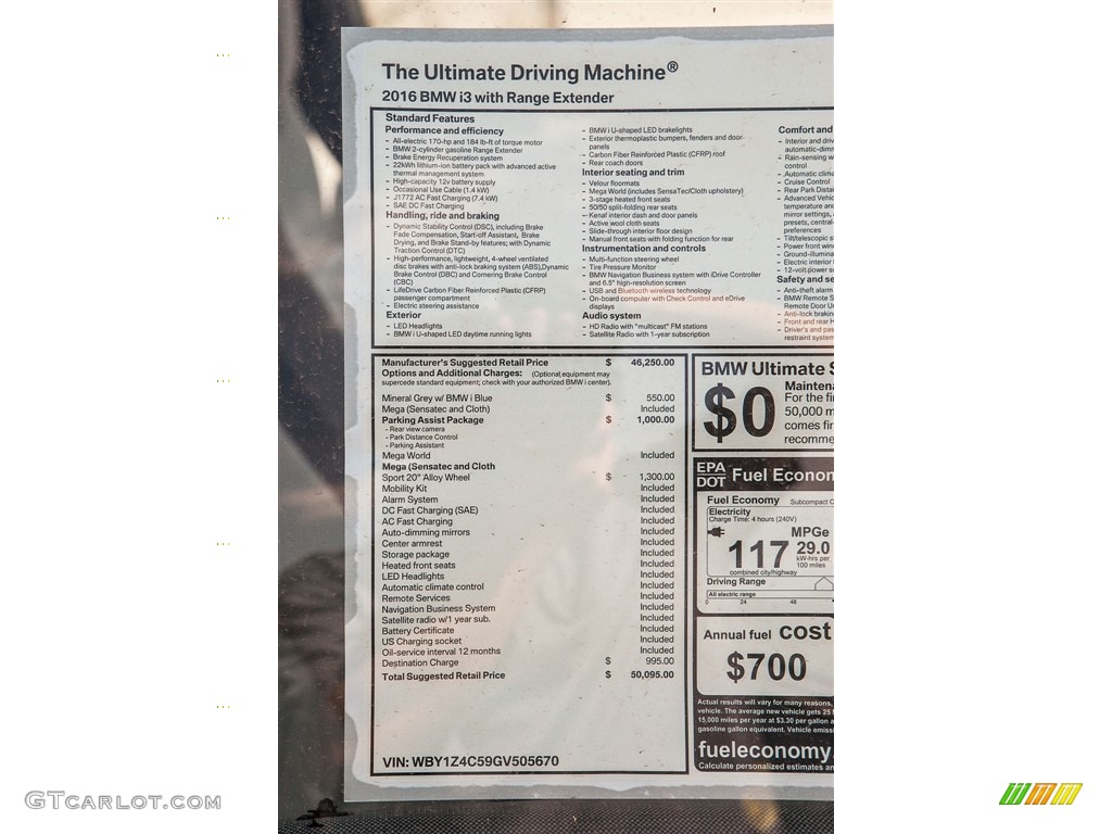2016 BMW i3 with Range Extender Window Sticker Photo #112001472