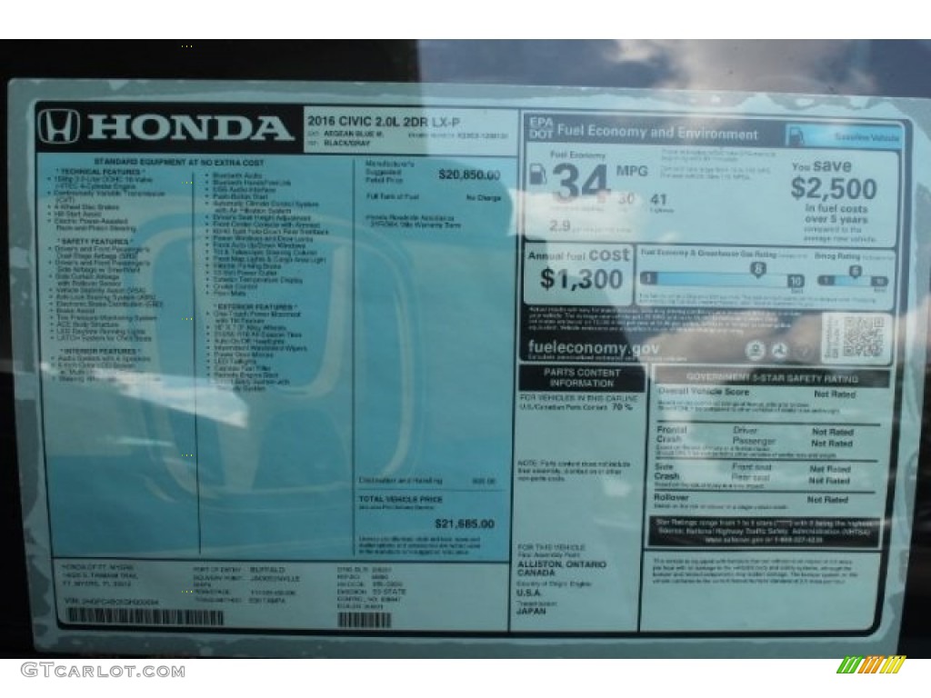 2016 Honda Civic LX-P Coupe Window Sticker Photo #112025145