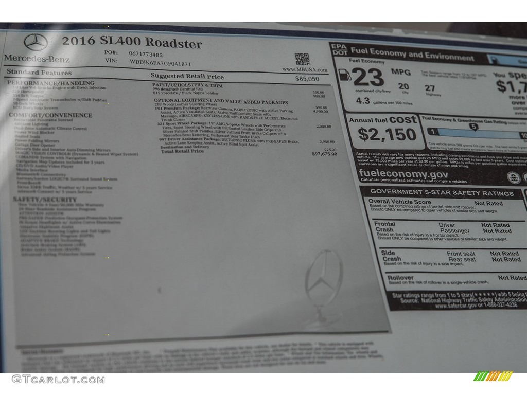2016 Mercedes-Benz SL 400 Roadster Window Sticker Photo #112030649
