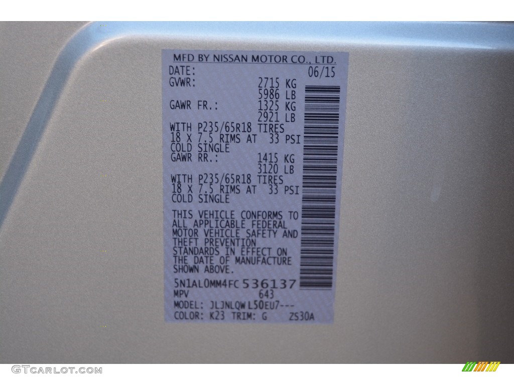 2015 QX60 Color Code K23 for Liquid Platinum Photo #112092176
