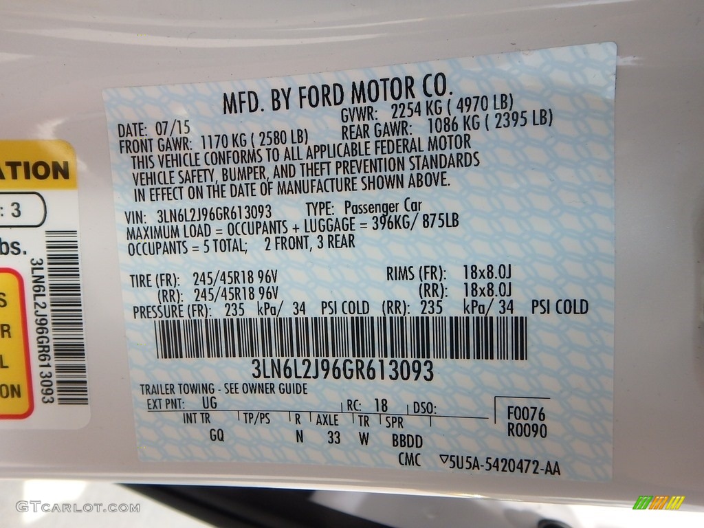 2016 MKZ Color Code UG for White Platinum Photo #112165684