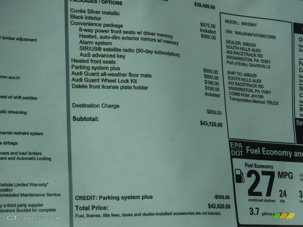 2017 A4 2.0T Premium quattro - Cuvee Silver Metallic / Black photo #10