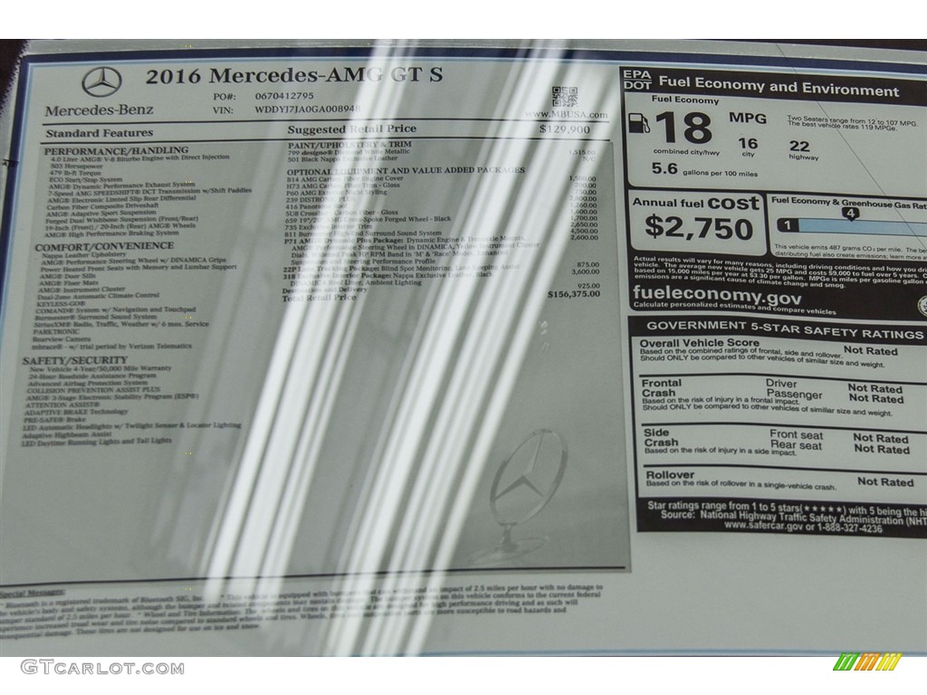 2016 Mercedes-Benz AMG GT S Coupe Window Sticker Photo #112197927