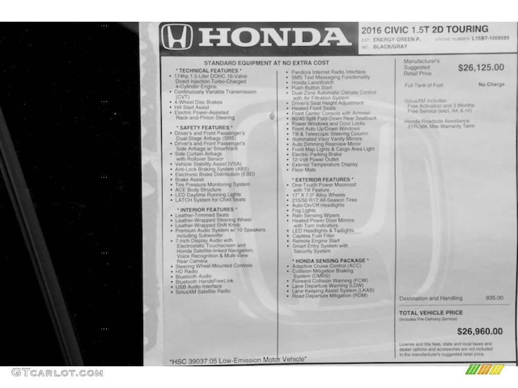 2016 Honda Civic Touring Coupe Window Sticker Photo #112211786