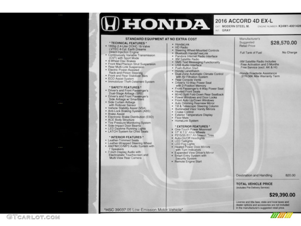 2016 Accord EX-L Sedan - Modern Steel Metallic / Gray photo #19