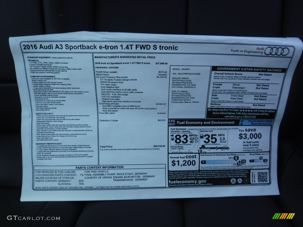 2016 Audi A3 Sportback e-tron Premium Window Sticker Photo #112311834