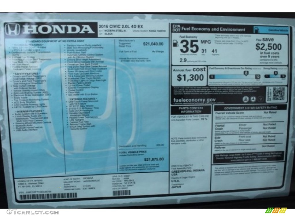 2016 Civic EX Sedan - Modern Steel Metallic / Black photo #31