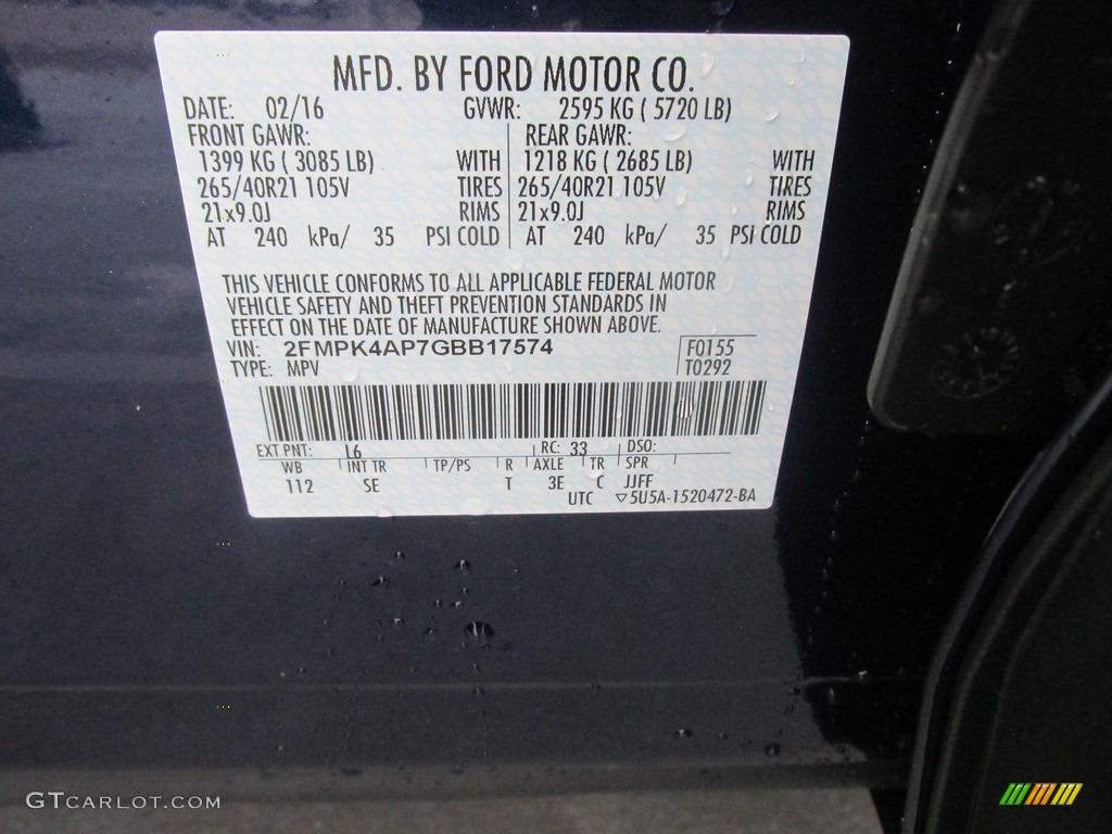 2016 Ford Edge Sport AWD Color Code Photos