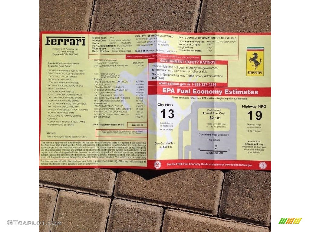 2012 Ferrari California Standard California Model Window Sticker Photo #112535636
