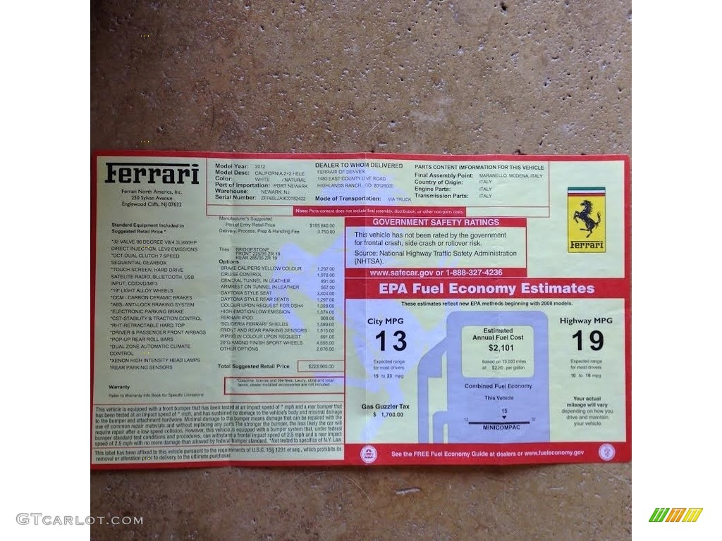 2012 Ferrari California Standard California Model Window Sticker Photos