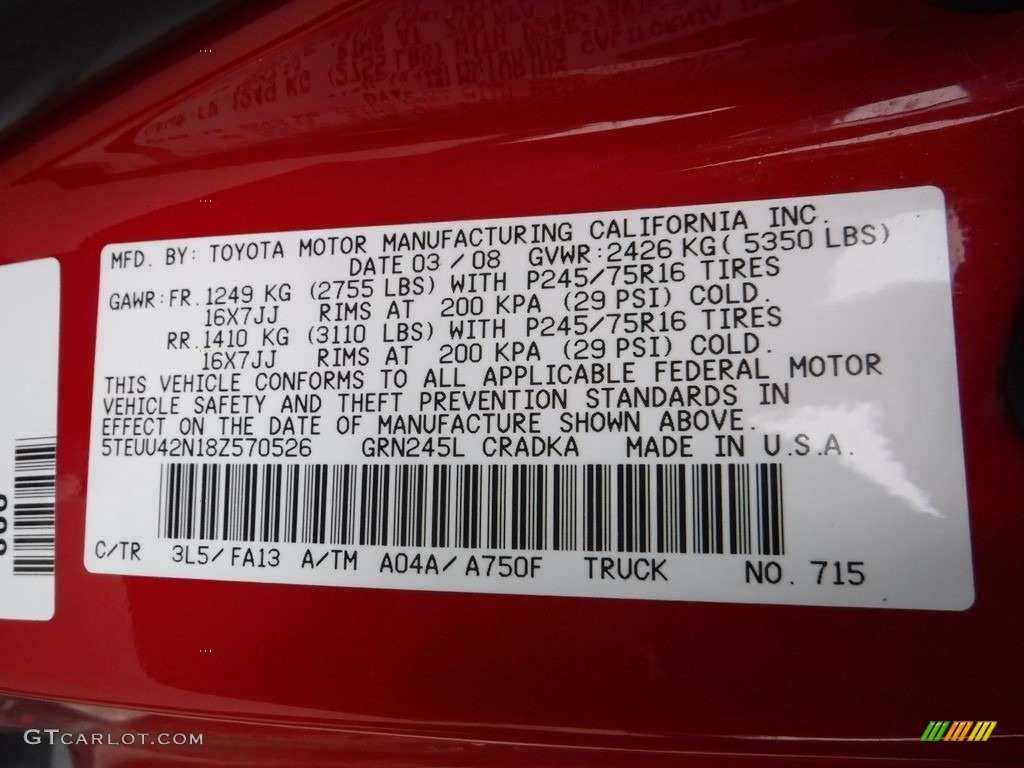 2008 Tacoma V6 SR5 Access Cab 4x4 - Radiant Red / Graphite Gray photo #24