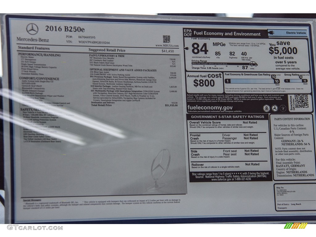 2016 Mercedes-Benz B 250e Window Sticker Photo #112599930