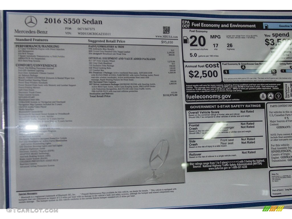 2016 Mercedes-Benz S 550 Sedan Window Sticker Photos
