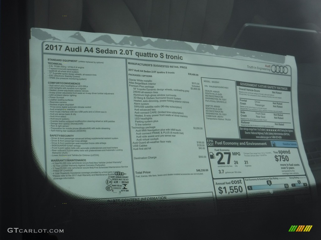 2017 Audi A4 2.0T Premium Plus quattro Window Sticker Photo #112665432