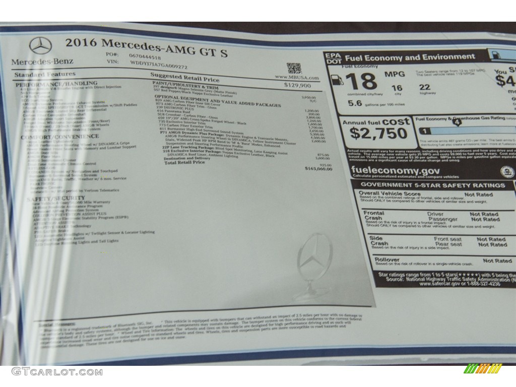 2016 Mercedes-Benz AMG GT S Coupe Window Sticker Photos