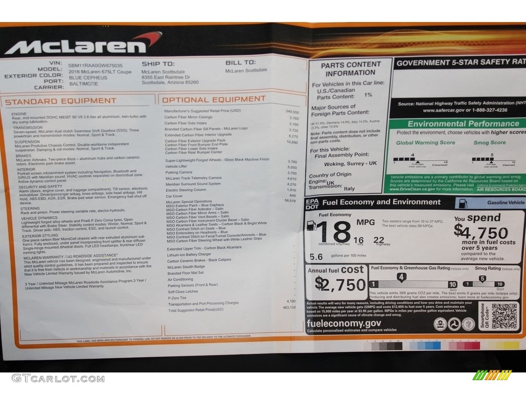 2016 McLaren 675LT Coupe Window Sticker Photo #112739382
