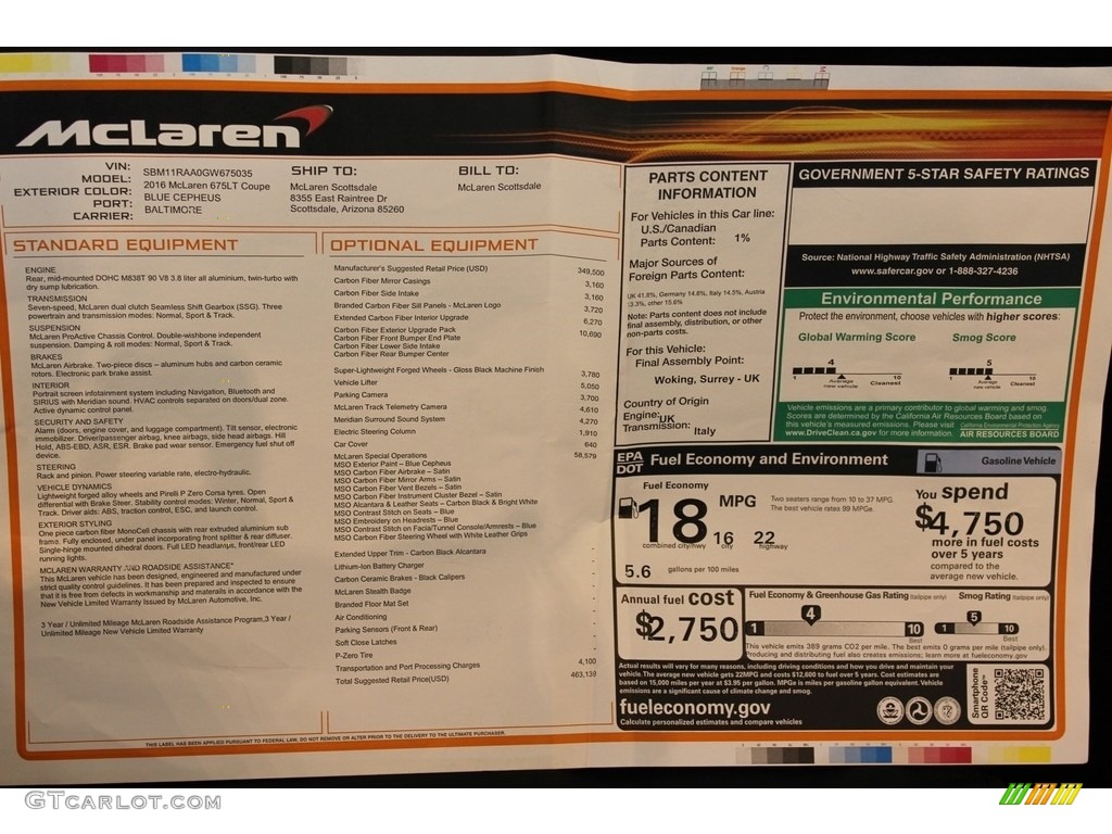 2016 McLaren 675LT Coupe Window Sticker Photo #112739403