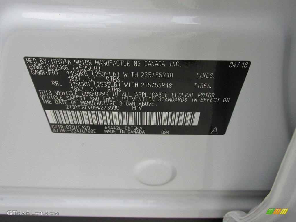2016 RAV4 Color Code 070 for Blizzard Pearl Photo #112855295