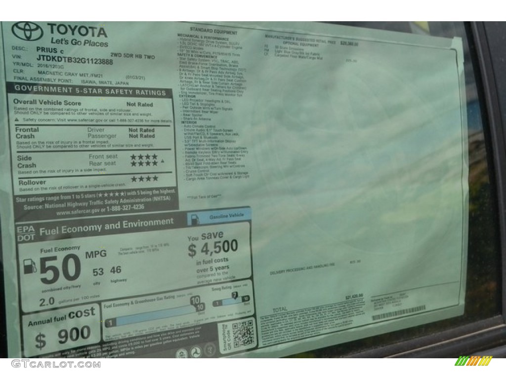 2016 Prius c Two - Magnetic Gray Metallic / Black photo #10