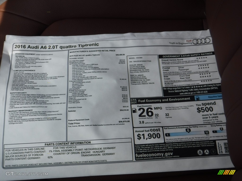 2016 A6 2.0 TFSI Premium Plus quattro - Moonlight Blue Metallic / Nougat Brown photo #14