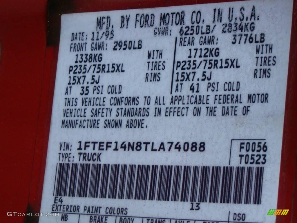 1996 F150 Color Code E4 for Bright Red Photo #11297054