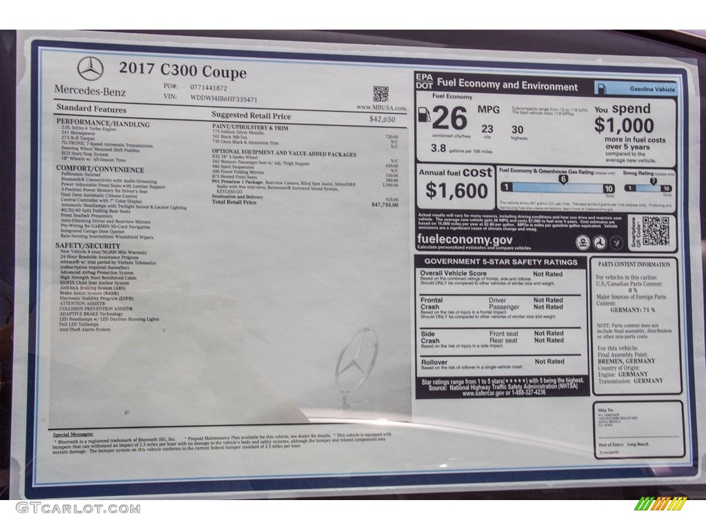 2017 Mercedes-Benz C 300 Coupe Window Sticker Photo #113037742