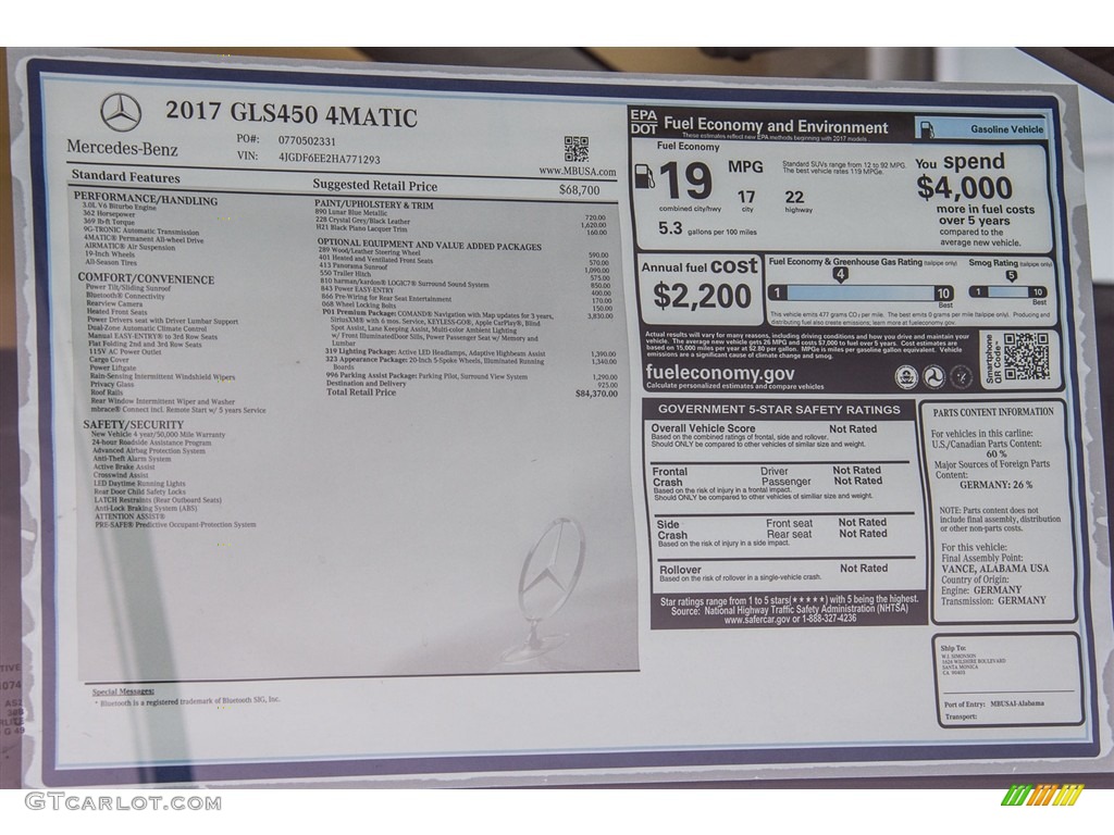 2017 Mercedes-Benz GLS 450 4Matic Window Sticker Photo #113038785