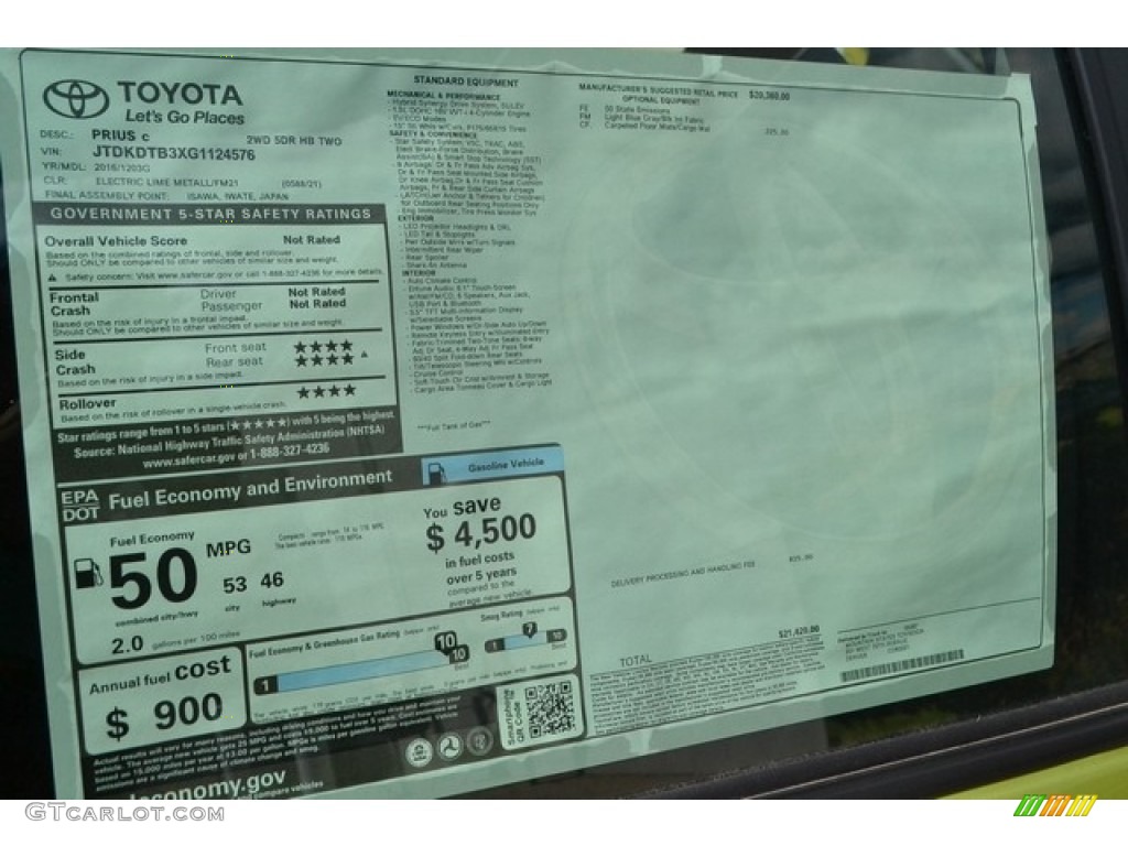 2016 Prius c Two - Electric Lime Metallic / Black photo #10