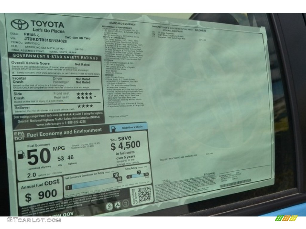 2016 Prius c Two - Sparkling Sea Metallic / Black photo #10