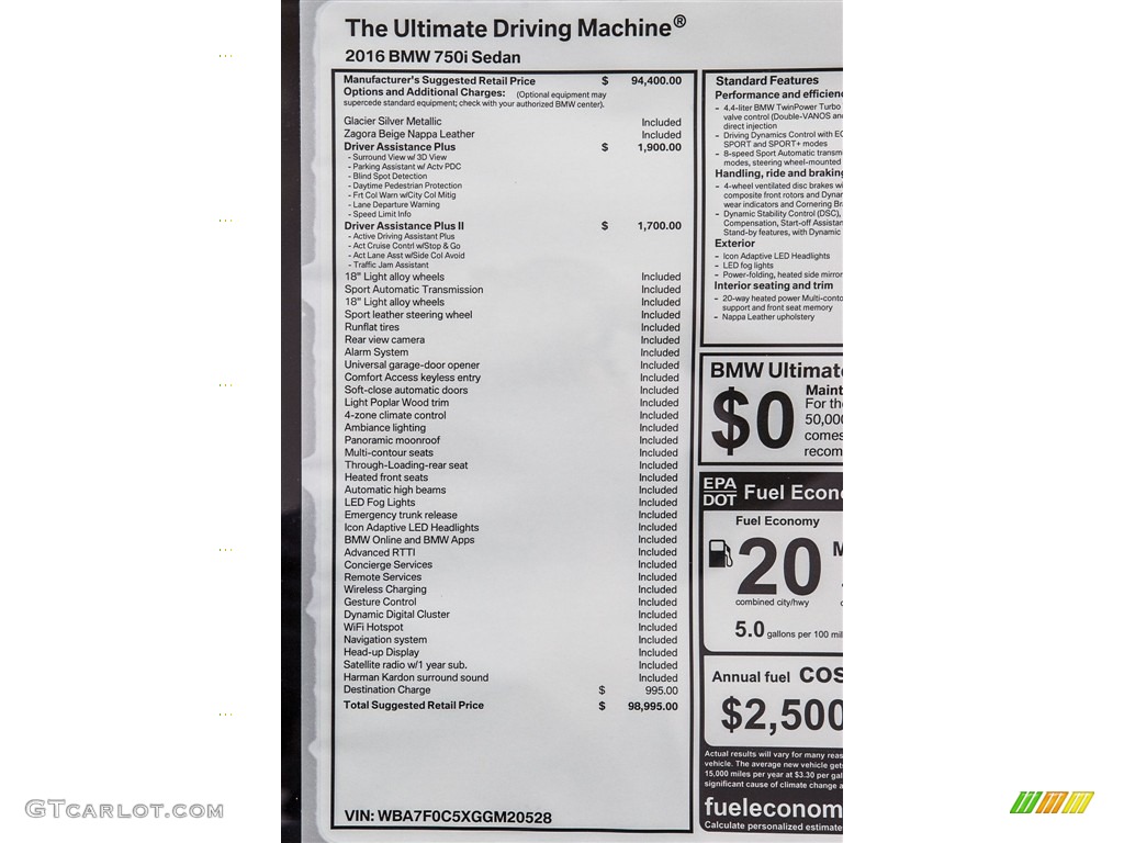 2016 BMW 7 Series 750i Sedan Window Sticker Photo #113149148