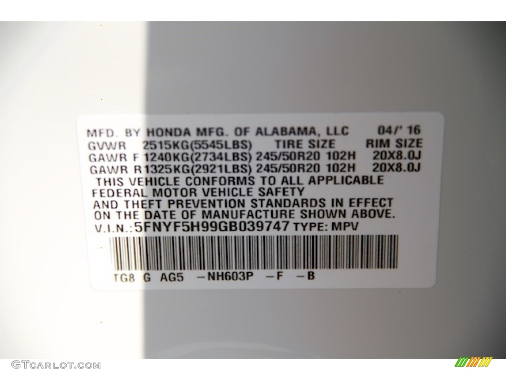 2016 Pilot Color Code NH603P for White Diamond Pearl Photo #113161011