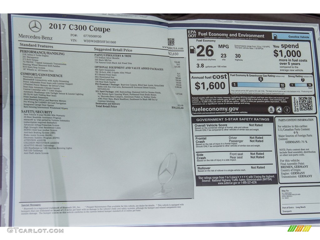 2017 Mercedes-Benz C 300 Coupe Window Sticker Photo #113168262
