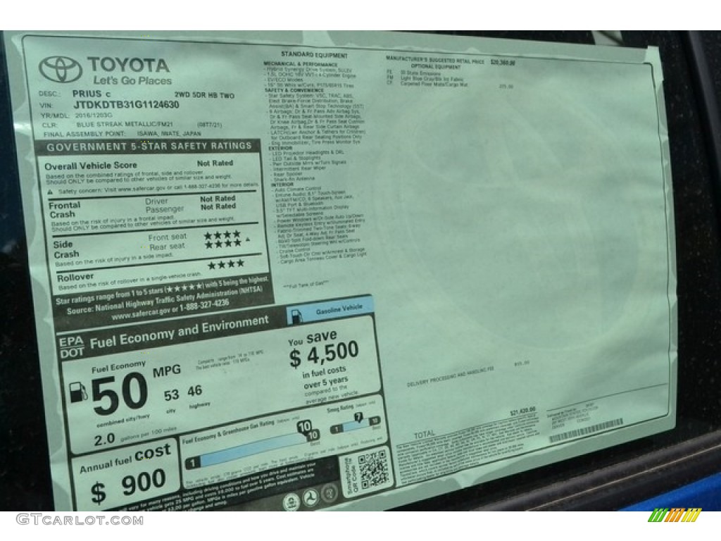 2016 Prius c Two - Blue Streak Metallic / Black photo #10
