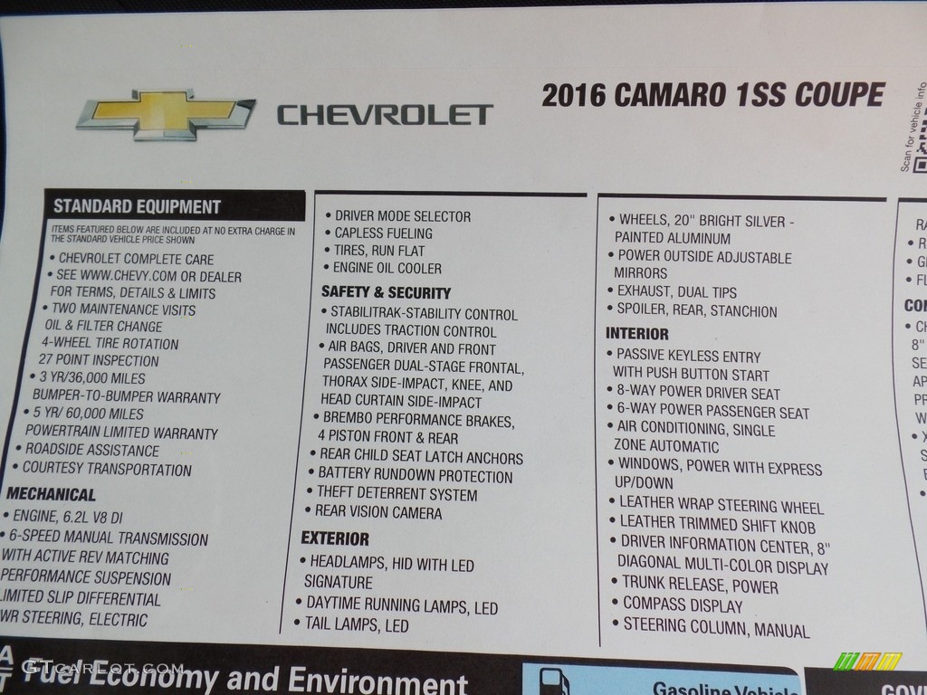 2016 Chevrolet Camaro SS Coupe Window Sticker Photo #113247231