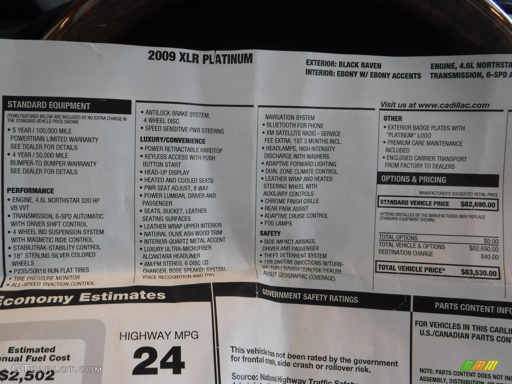 2009 Cadillac XLR Platinum Roadster Window Sticker Photo #113252538