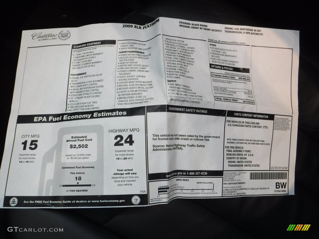 2009 Cadillac XLR Platinum Roadster Window Sticker Photos
