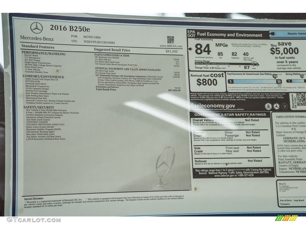2016 Mercedes-Benz B 250e Window Sticker Photo #113490413