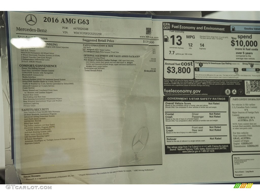 2016 Mercedes-Benz G 63 AMG Window Sticker Photo #113550331