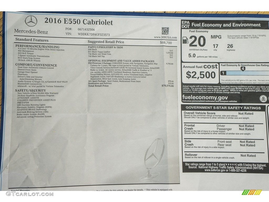 2016 Mercedes-Benz E 550 Cabriolet Window Sticker Photo #113550667