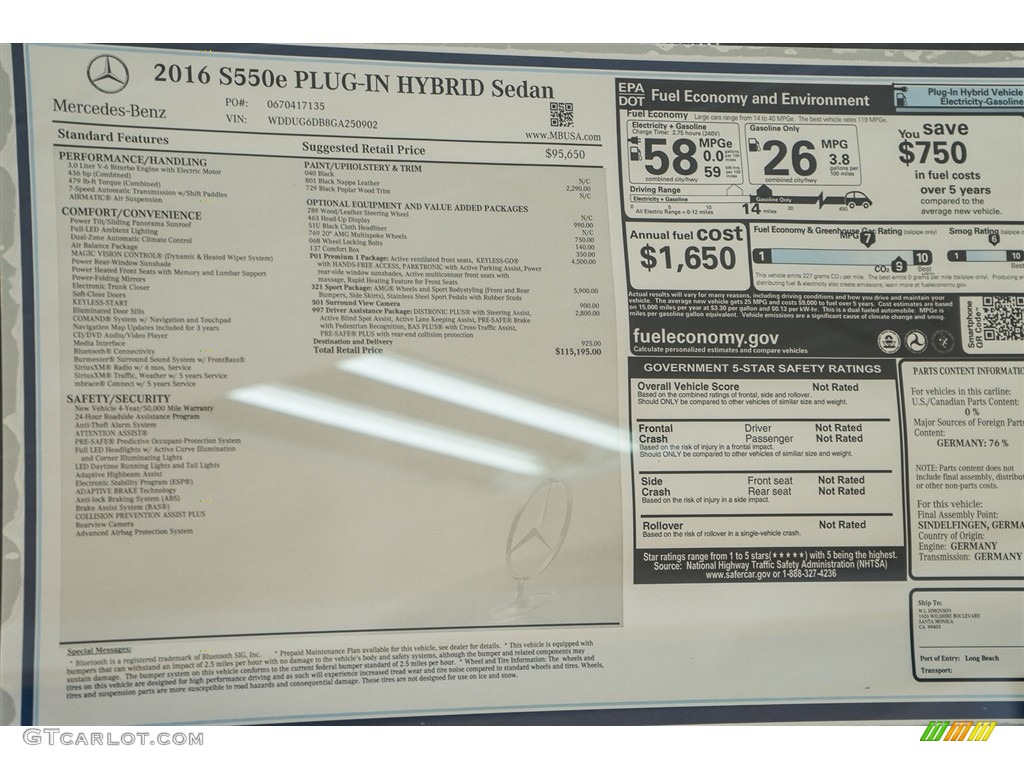 2016 Mercedes-Benz S 550e Plug-In Hybrid Sedan Window Sticker Photo #113552005