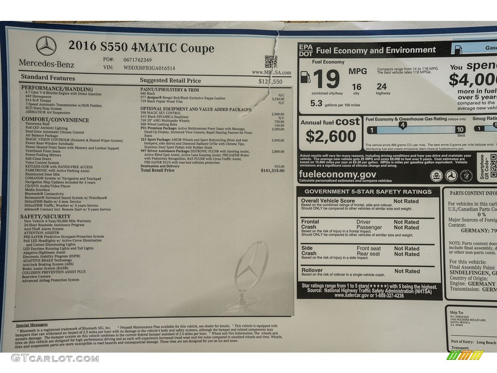 2016 Mercedes-Benz S 550 4Matic Coupe Window Sticker Photos