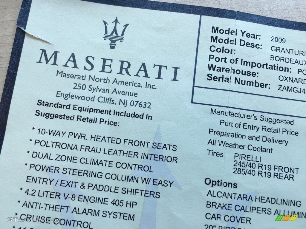 2009 Maserati GranTurismo Standard GranTurismo Model Window Sticker Photo #113691062