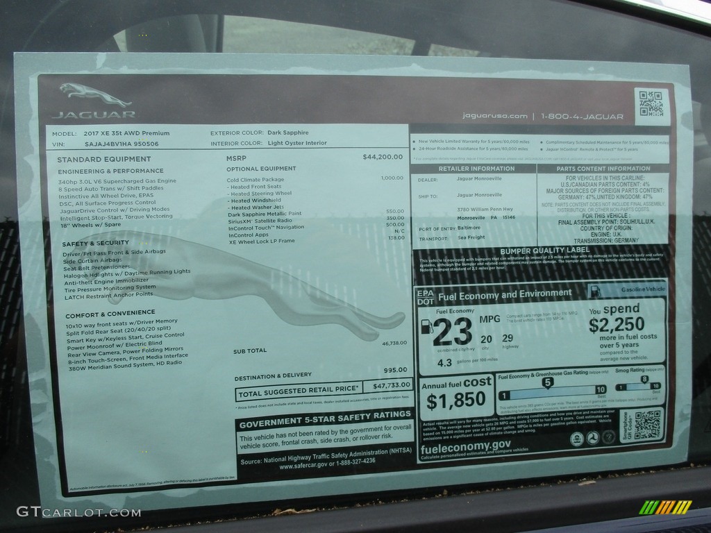 2017 Jaguar XE 35t Premium AWD Window Sticker Photo #113718073