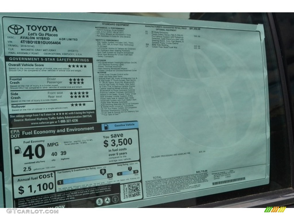 2016 Toyota Avalon Hybrid Limited Window Sticker Photos