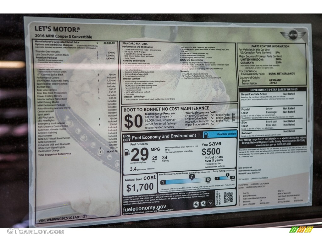 2016 Mini Convertible Cooper S Window Sticker Photo #113739346