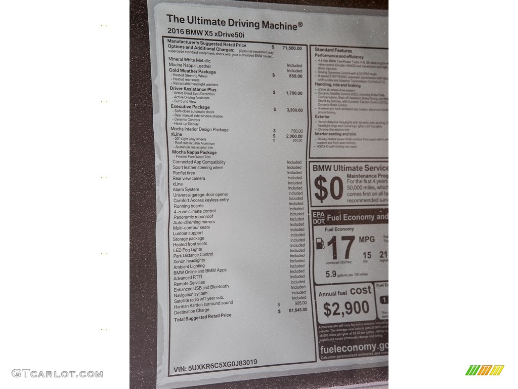 2016 BMW X5 xDrive50i Window Sticker Photos
