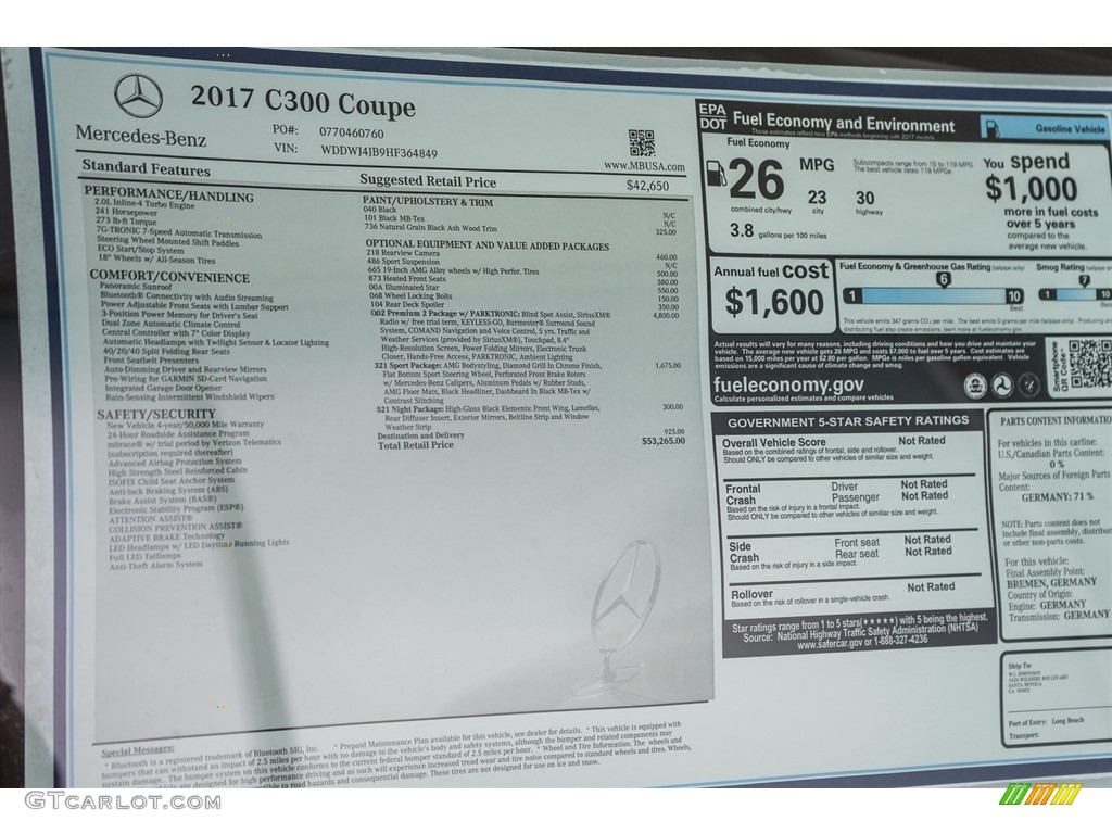 2017 Mercedes-Benz C 300 Coupe Window Sticker Photo #113744136