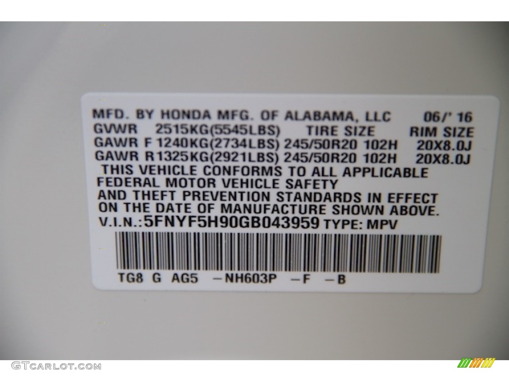 2016 Pilot Color Code NH603P for White Diamond Pearl Photo #113776343