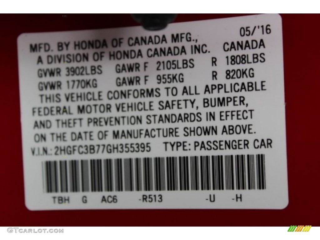 2016 Civic Color Code R513 for Rallye Red Photo #113806543
