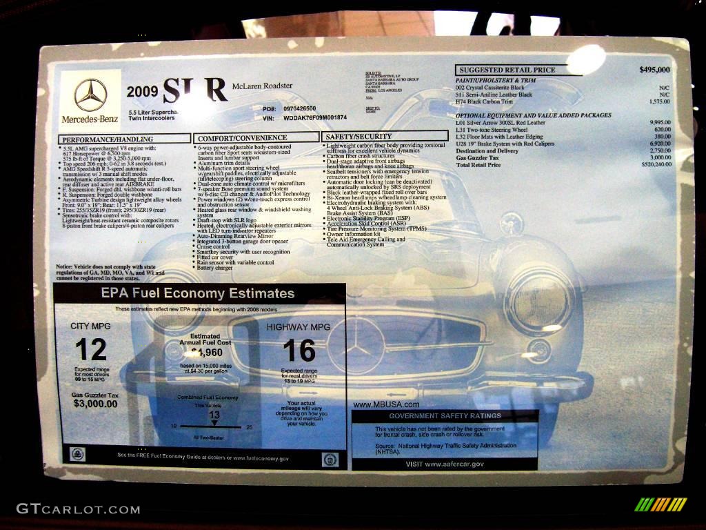 2009 Mercedes-Benz SLR McLaren Roadster Window Sticker Photo #11385357